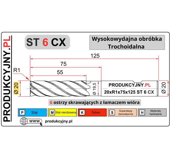 Frez trochoidalny fi 20 R1 ST 6 CX z łamaczem wióra